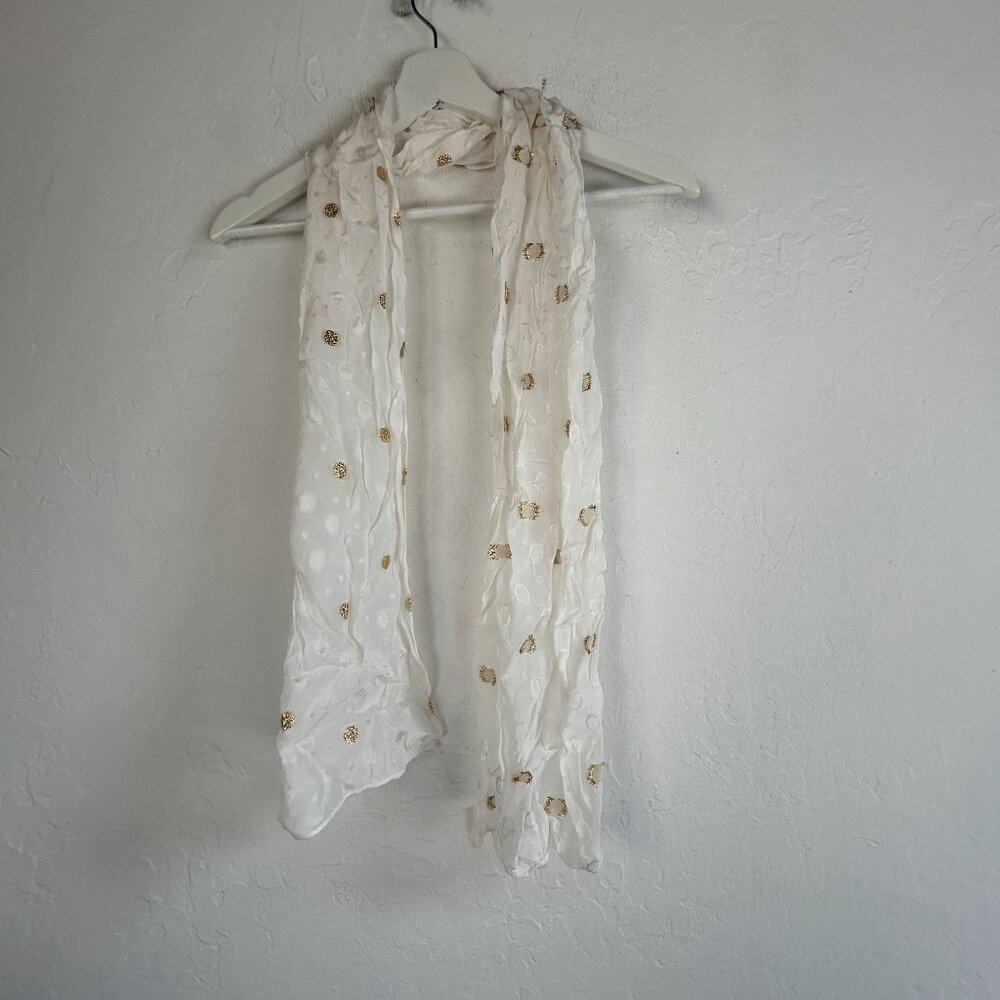 Echo New York White & Gold Metallic Polka Dot Sheer Scarf 54x10 Japan Made